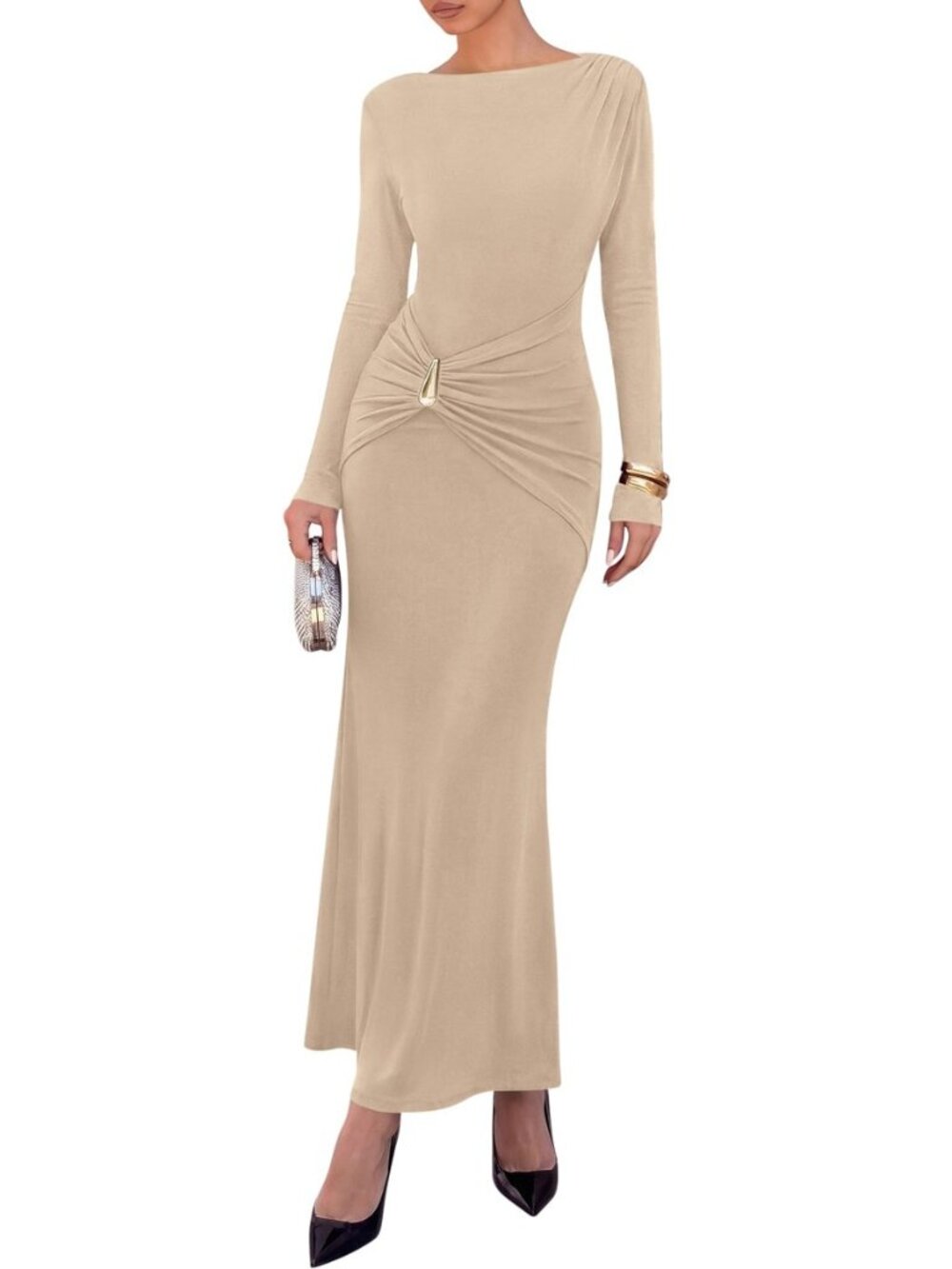 Womens Long Sleeve Ruched Slit Maxi Wedding Guest Dress
